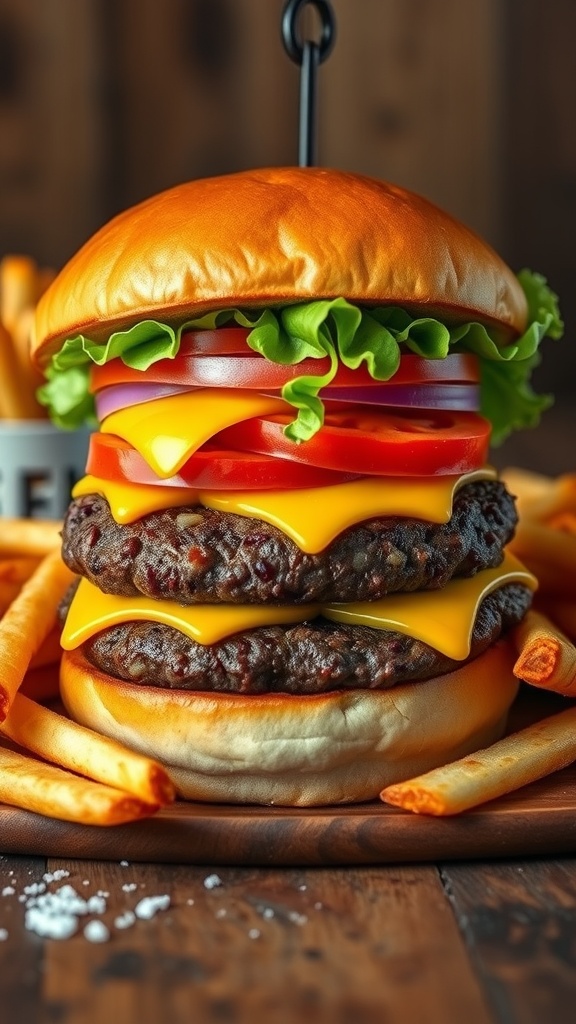 Classic cheeseburger with cheddar cheese and crispy fries on a wooden table.